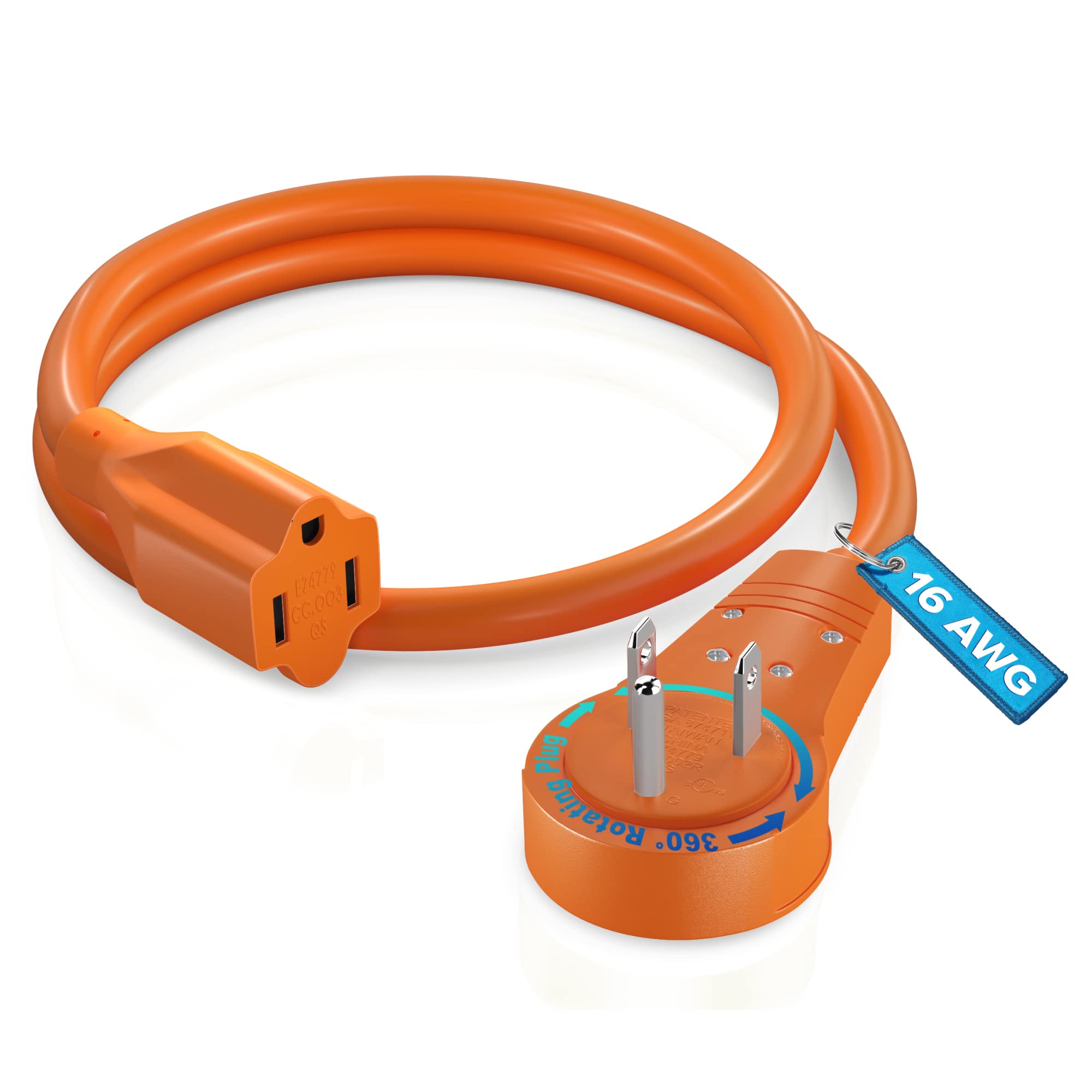 Maximm Cable 1 Foot 360� Rotating Flat Plug Extension Cord/Wire, 3 Prong Grounded Wire 16 Awg Power Cord   Orange   Ul Certified