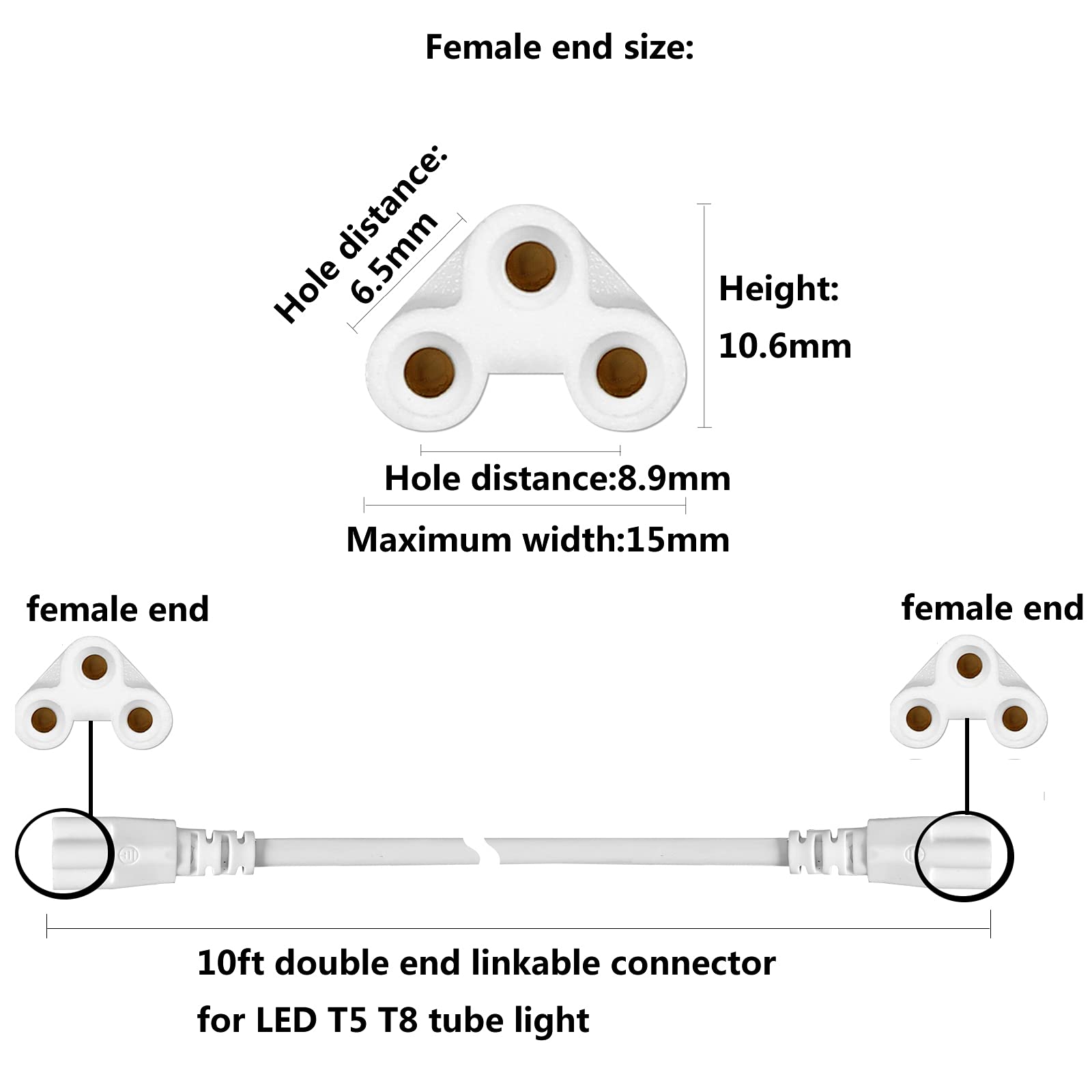 Gocuces T5 T8 Extension Cords,10Ft Lamp Connecting Wires,3 Prong Power Cables,Female To Female End Connectors For Led Tube,Under