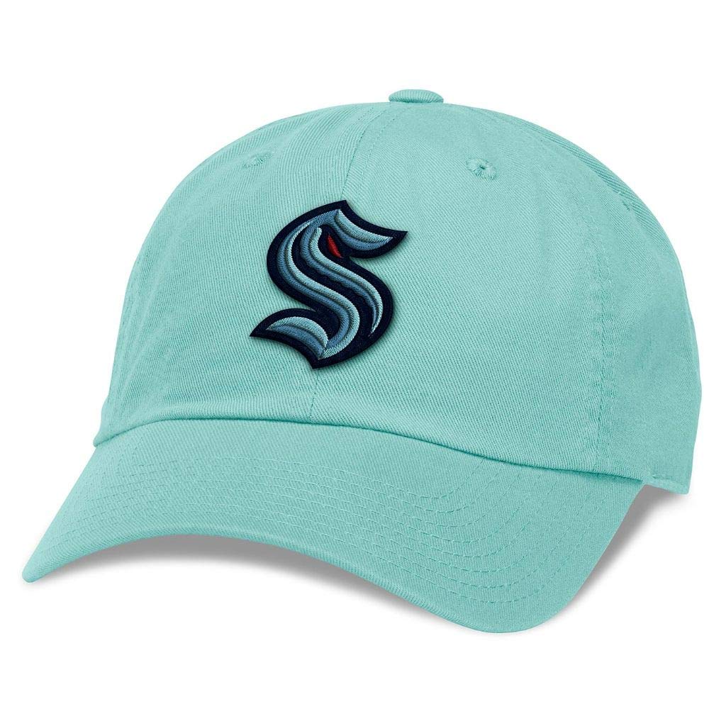 American Needle Seattle Kraken Nhl Baseball Hat, Casual Relaxed Fit With Curved Brim, Adjustable Buckle Strap Dad Cap, Blue Line