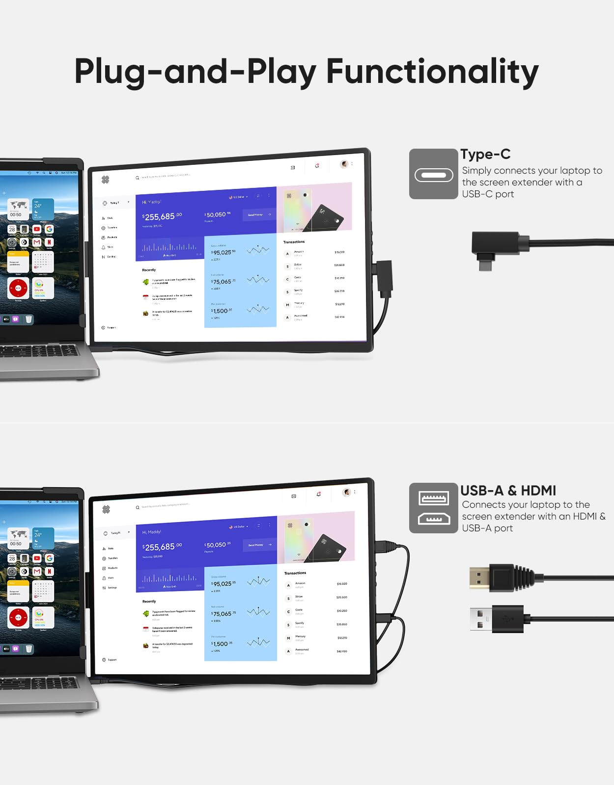 Dopesplay Laptop Screen Extender, 14'' Fhd 1200P Ips External Portable Monitor For Laptop, Plug & Play Dual Screen Monitor For 1