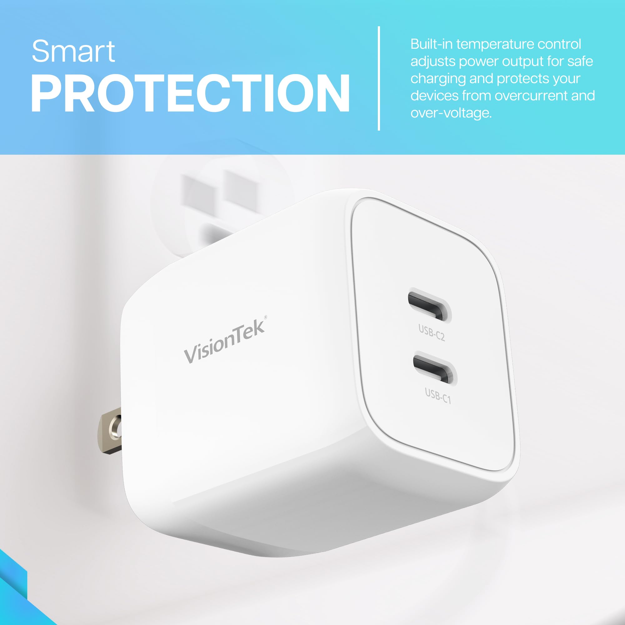 Visiontek Gan Ii 45W Wall Fast Charger - Dual Usbc Ports - 2X Usb-C - Compatible With Macbook Air, Ipad, Iphone, Galaxy, Steam D