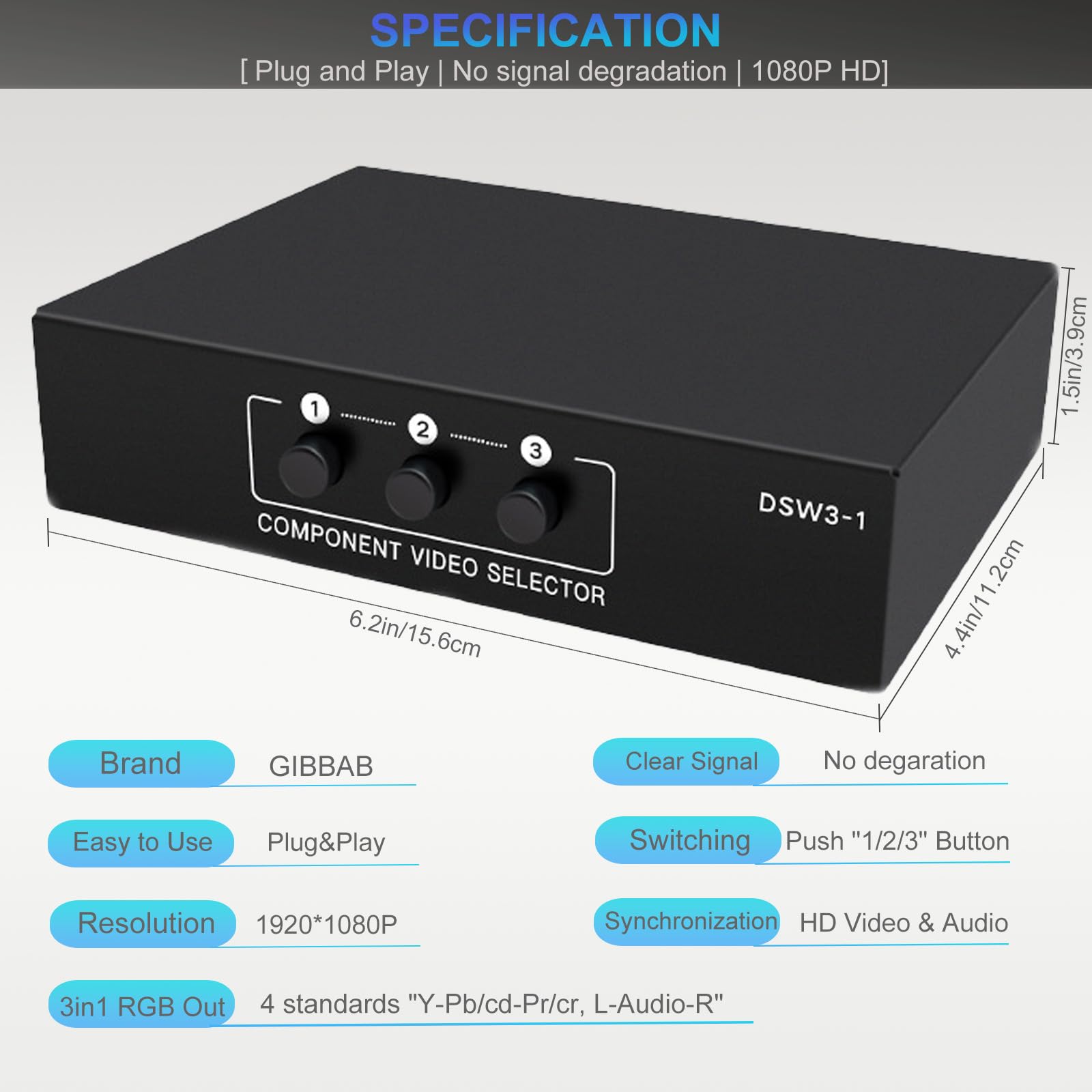 3 In 1 Out Component Av Video Switch Box 1080P, 3 Way Composite 3 Rca Ypbpr L/R Audio Av Splitter Rgb Selector Switcher Converte