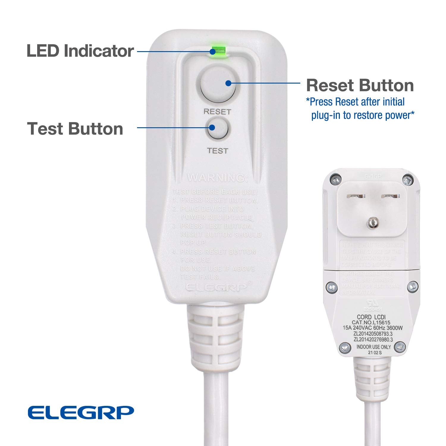 Elegrp 240Vac 15Amp 3600W 14Awg Lcdi Power Cord Plug 60Hz Nema 6 15P For A/C Air Conditioner, E250451 Ul Certified, 7.5Ft Leakag