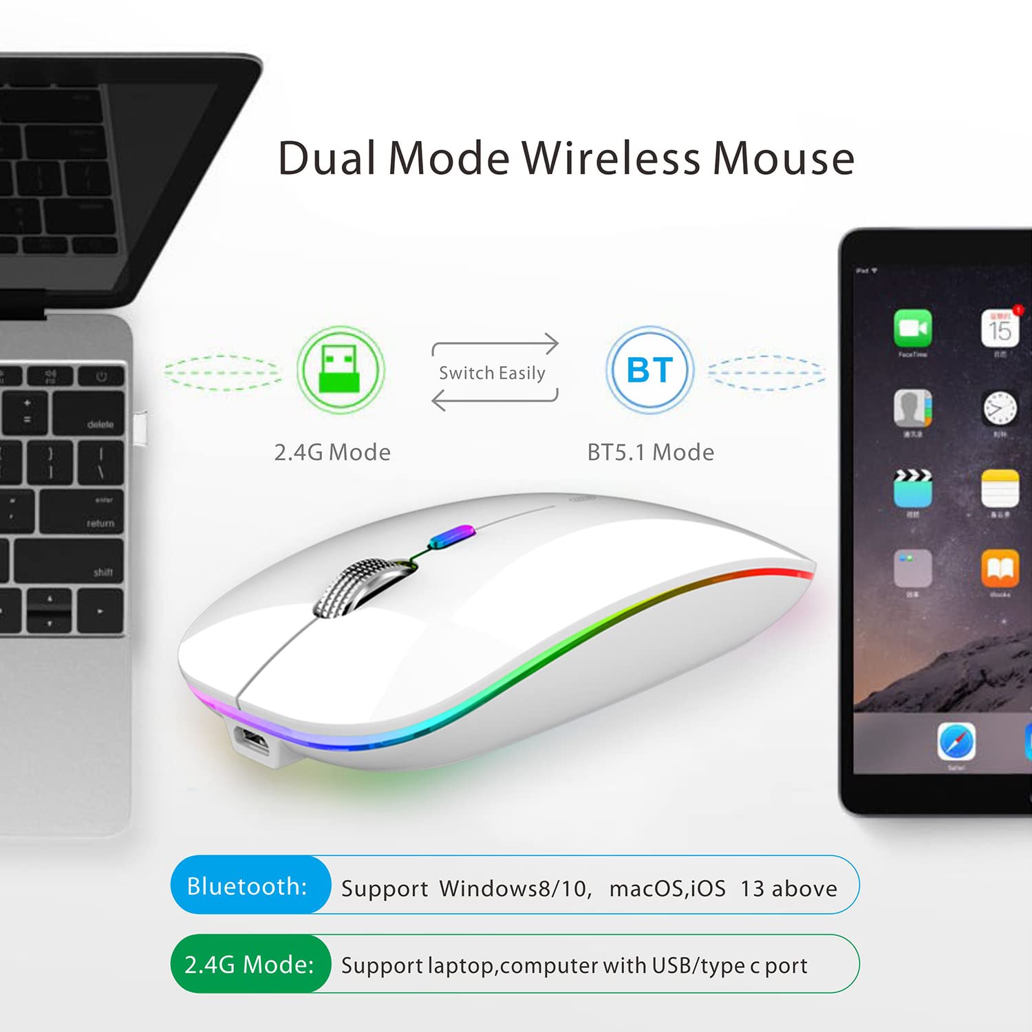 Tenmos Wireless Bluetooth Mouse, Led Slim (Bluetooth 5.1 + Usb) 2.4Ghz Rechargeable Silent Bluetooth Wireless Mouse With Type C Adapter For Laptop/Macbook/Ipad Os 13 And Above (White)