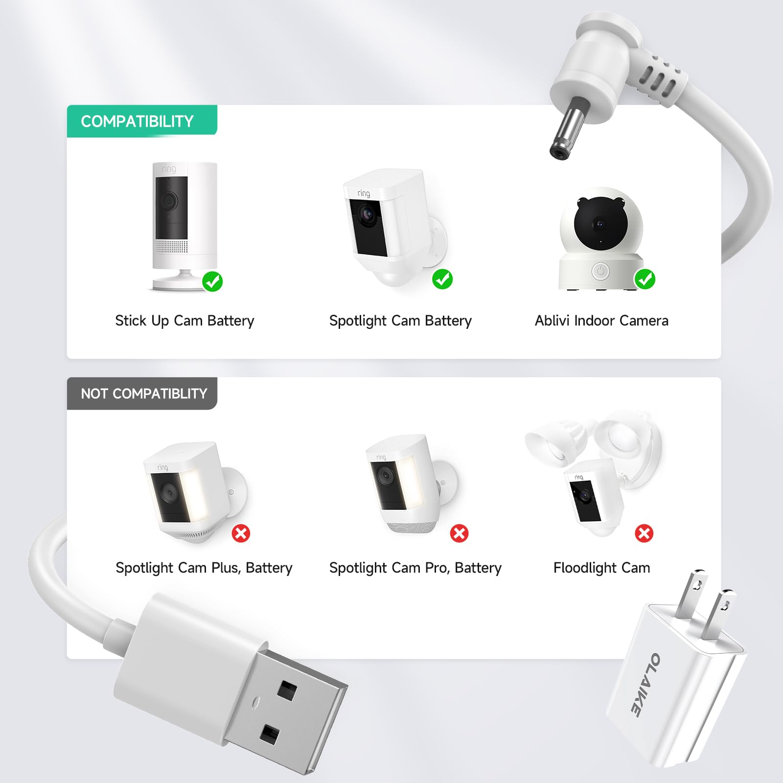 Olaike Indoor/Outdoor Power Adapter For Ring Stick Up Cam Battery/Plug In, Ring Spotlight Cam Battery, Weatherproof Cable(5M/16F