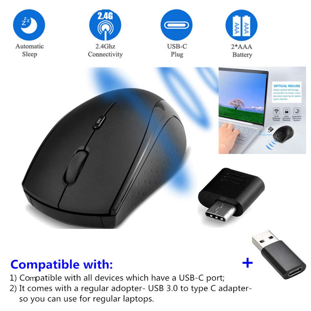 Huifen Type C Wireless Mouse, Usb C Gaming Wireless Mice 2.4G Silent Ergonomic With 3 Dpi Levels Compatible With Samsung Chromebook, Google Pixelbook, Dell, Hp Omen, More Device (Black)