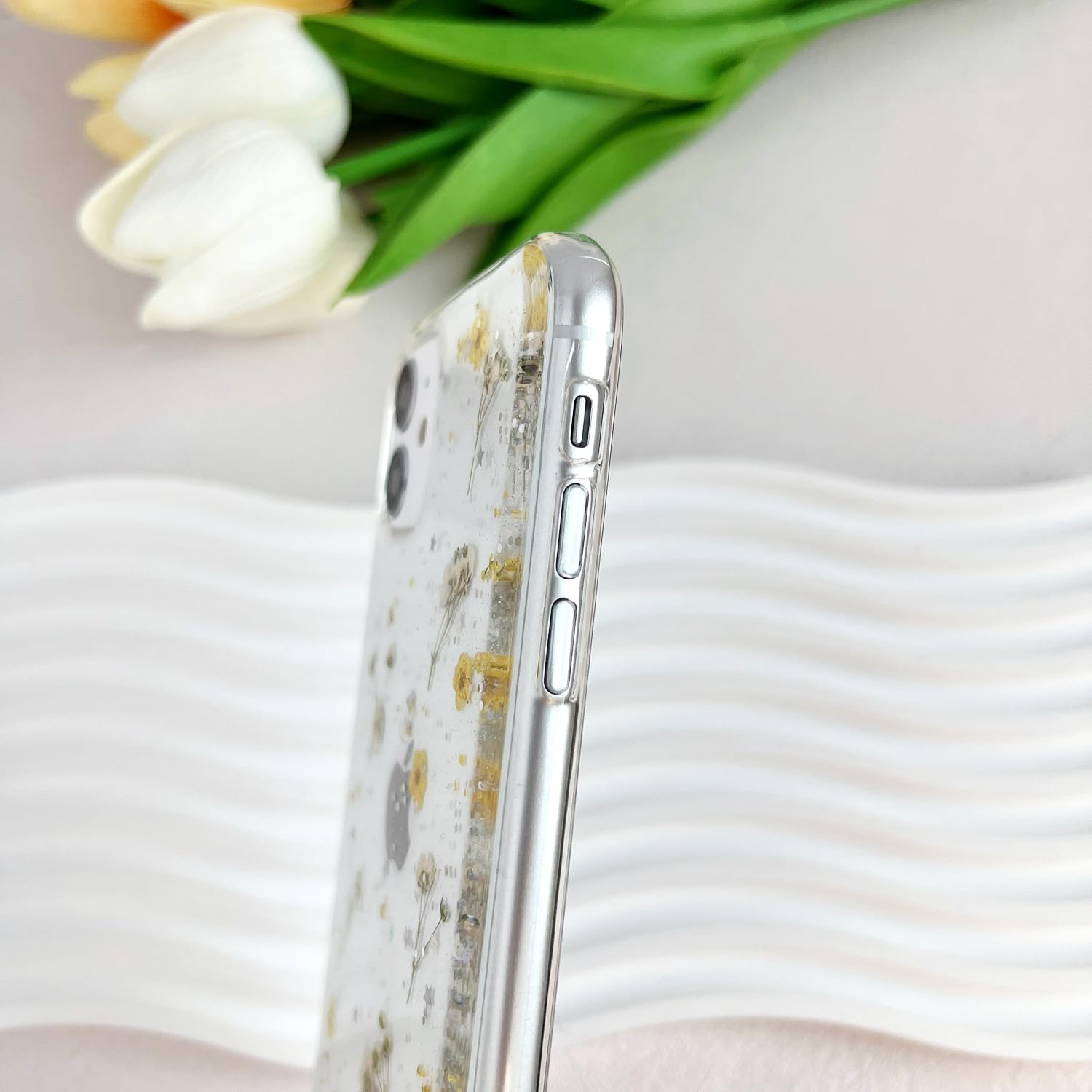 Lseeka For Iphone 11 Clear Case With Pressed Real Flowers Design,Glitter Cute Yellow Floral Pattern Slim Soft Tpu Protective Wom