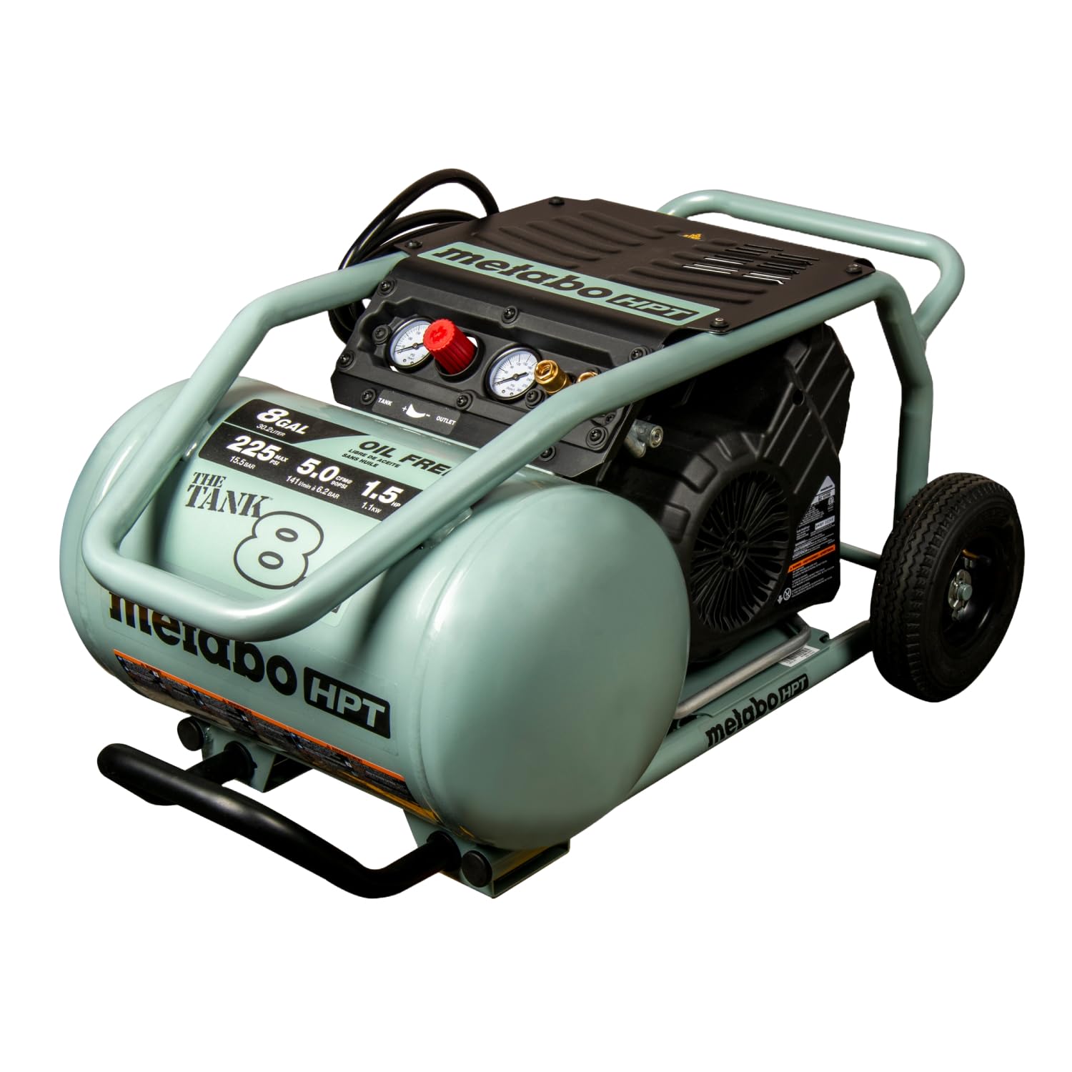 Metabo HPT Air Compressor | THE TANK 8-Gal | 225 PSI | 5 CFM @ 90 PSI | Trolley | Oil-Free | EC1315S Gray