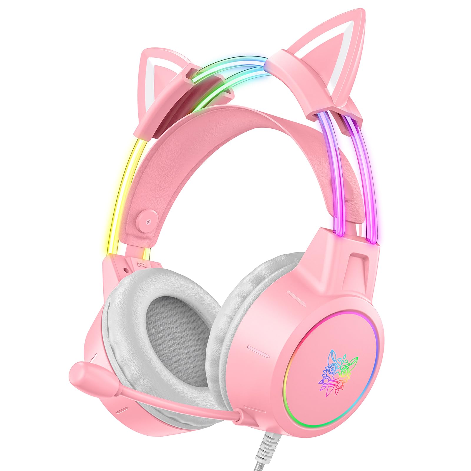 ONITOON Lightweight Gaming Headset with Detachable Cat Ears, RGB Lighting, Wired Over Ear Headphones with Mic for PC, PS4, PS5, 