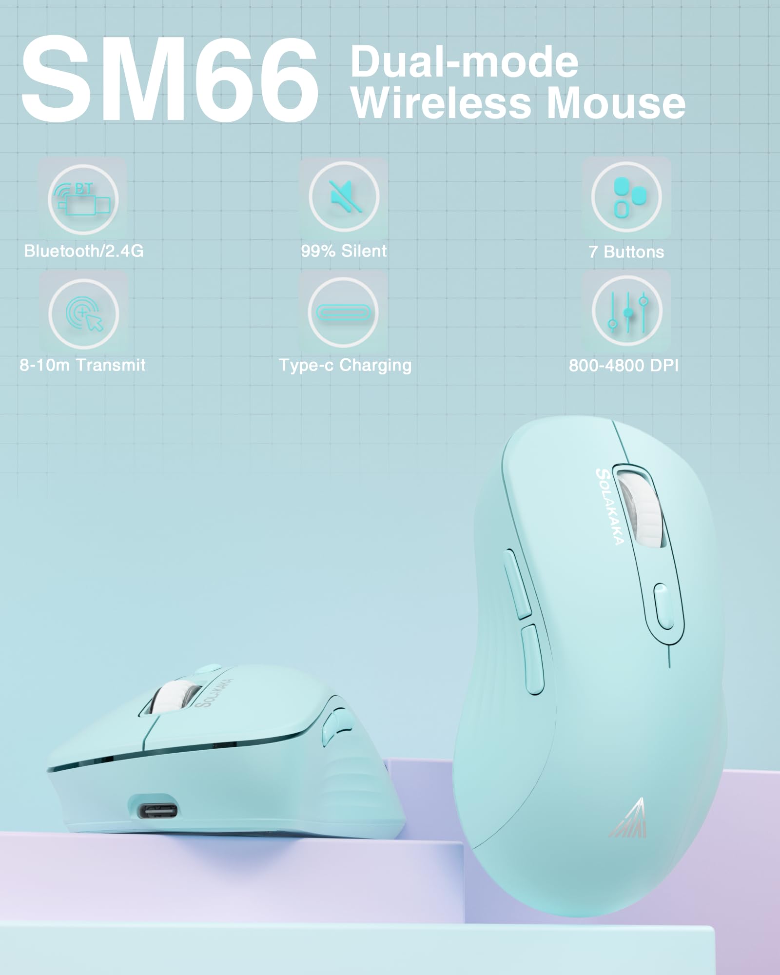 Solakaka Sm66 Green Silent Dual Mode Wireless Mouse For Laptop, Adjustable 4800 Dpi,Rechargeable Computer Mouse For Bluetooth An