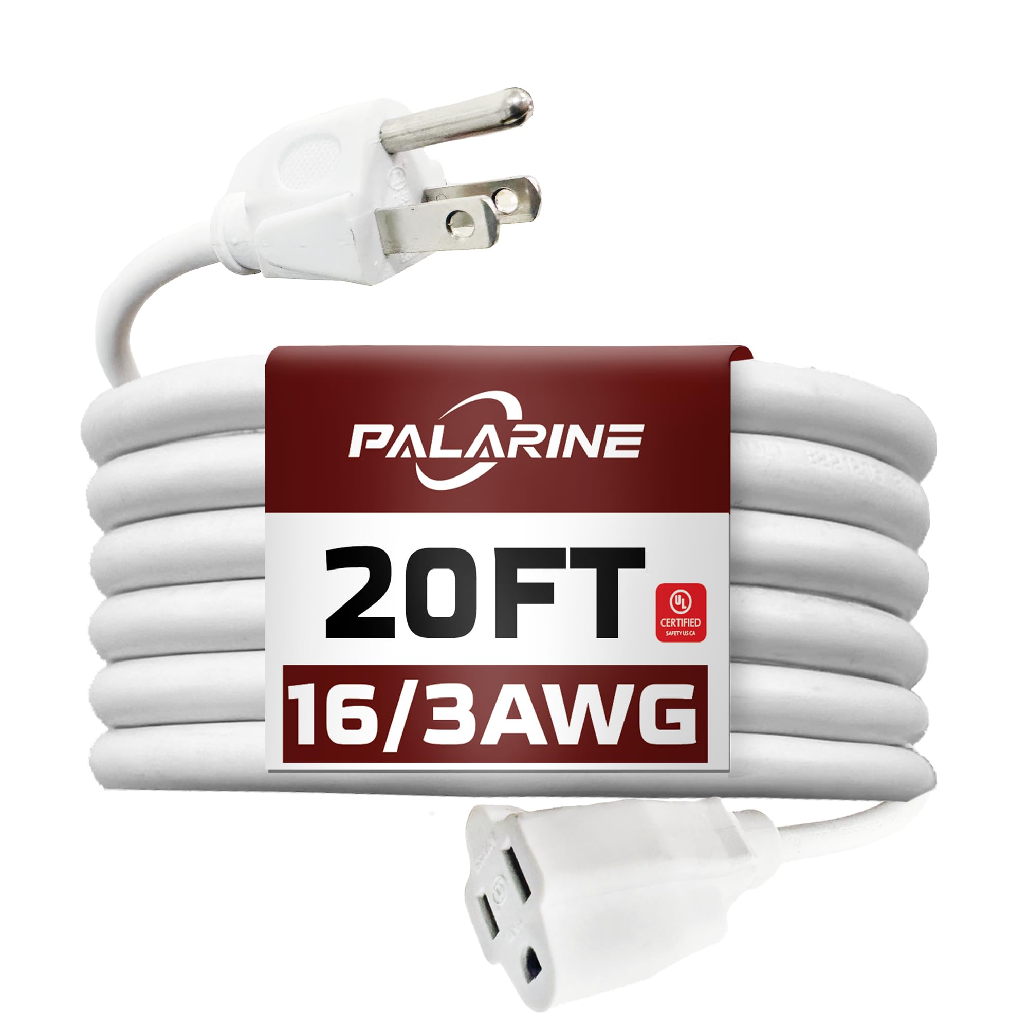 Palarine 20Ft White Outdoor Extension Cord Waterproof, Ul Listed, 16/3 Sjtw Heavy Duty 3 Prong, 16 Gauge 13A Power Cord Ideal Fo