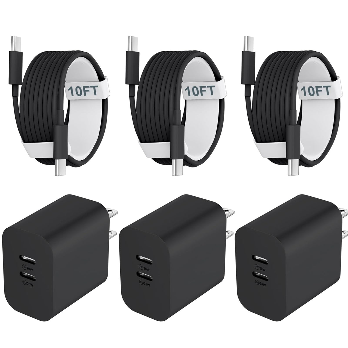 Phone Charger Fast Charging, 20W Dual Port Usb C Fast Charger Block With 10Ft Long Usb C To C Fast Charging Cord Cable For Iphon