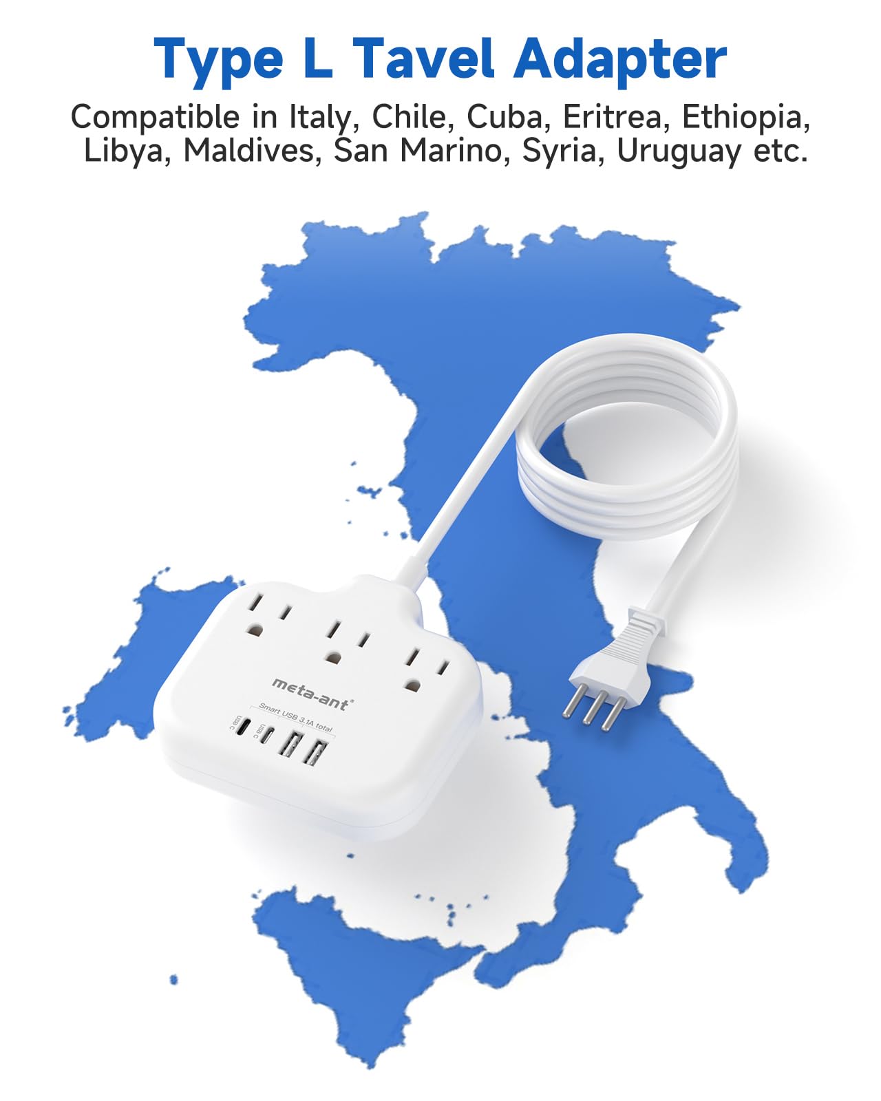 Italy Travel Plug Adapter With 5Ft Extension Cord, Meta Ant Italy Power Adapter With 3 American Outlets 4 Usb Ports(2 Usb C), Ty