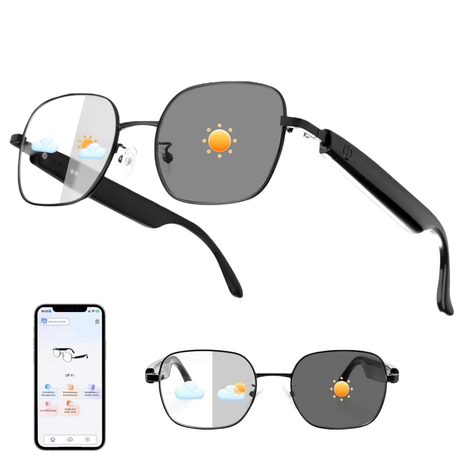 HAIXINDA AI Smart Glasses, Bluetooth Audio Glasses with RealTime Translator (164 Languages), Free APP, Photochromic Sunglasses,