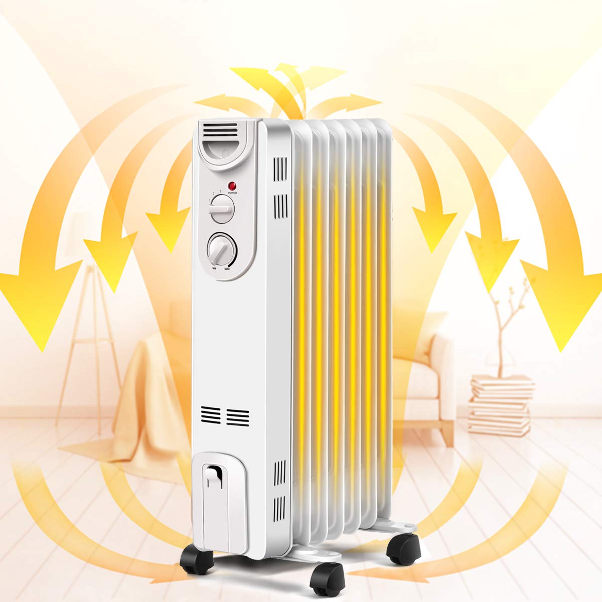 Costway Oil Filled Radiator Heater, 1500W Portable Oil Heaters With 3 Heat Settings, Adjustable Thermostat, Overheat & Tip Over
