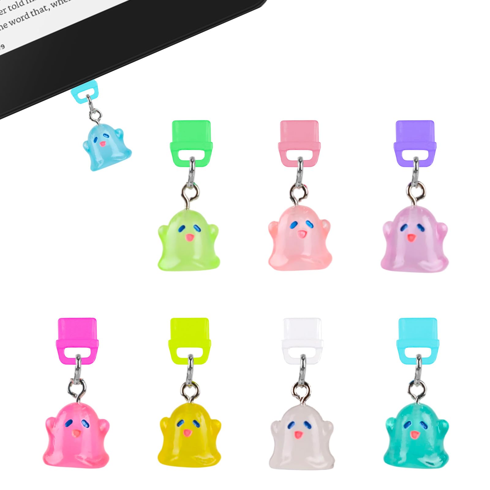 TAKEALOOKO Dust Plug Charms for Kindle - 8Pcs Fluorescent Resin Cute Ghost Dustplug Accessories, Gift for E-Reader Book Lovers W