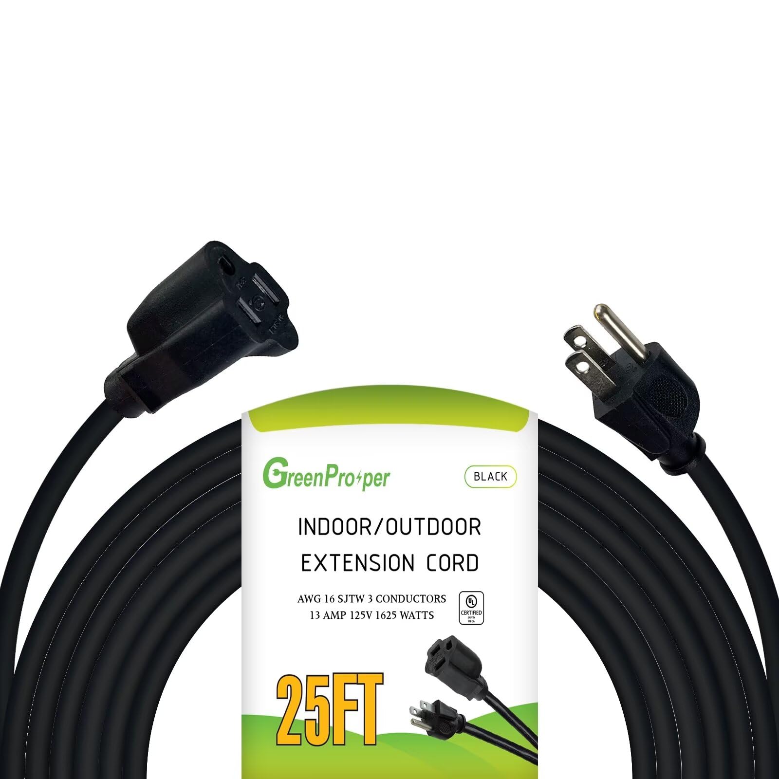 Greenprosper 25 Ft Indoor Outdoor Black Extension Cord, 16 Gauge Waterproof Electrical Power Cable, 16/3 Sjtw 3 Prong Grounded P