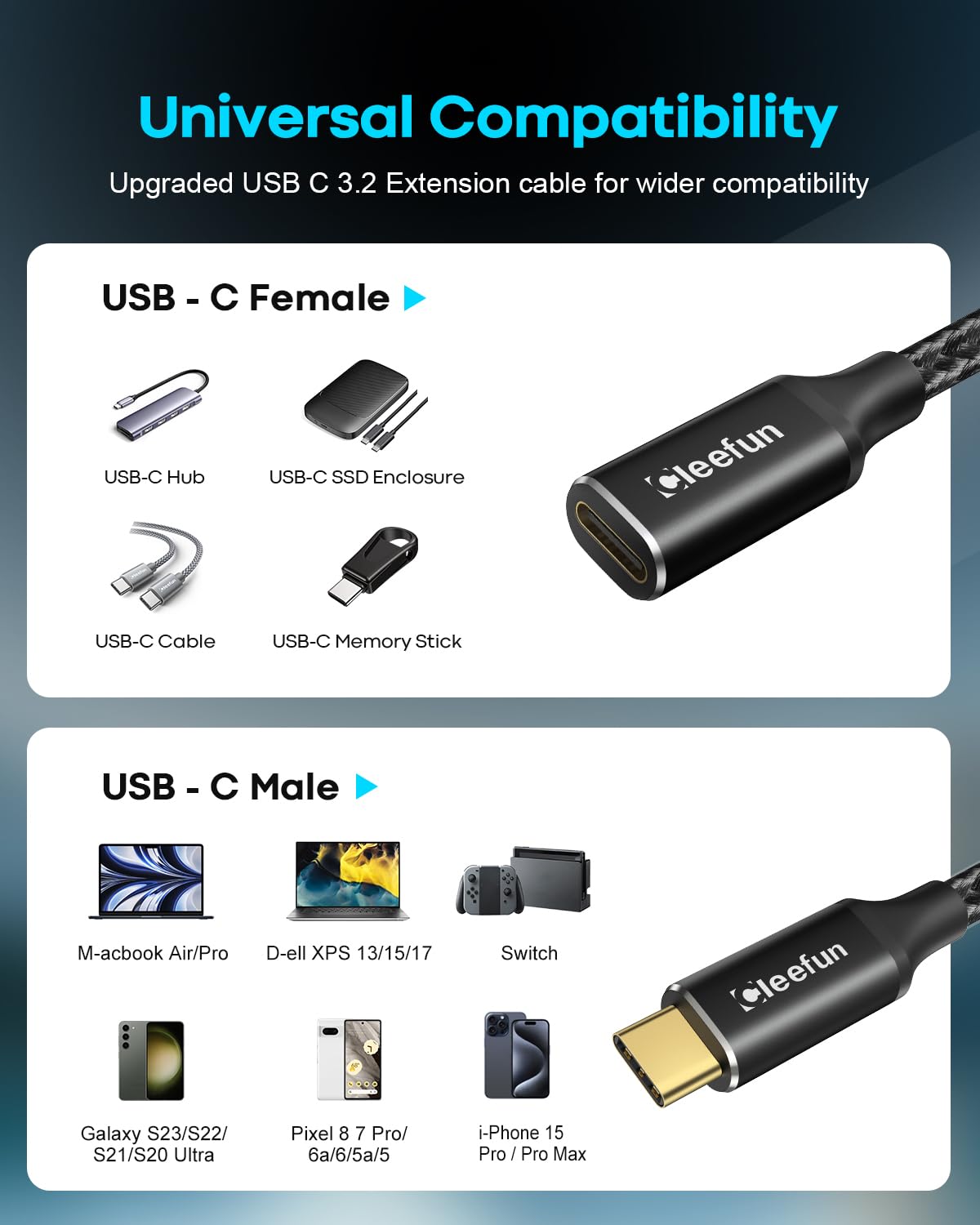 Cleefun Usb C Extension Cable 10Ft, Usb C 3.2 Male To Usb C Female Extension Cable, 5Gbps Data & 4K Video Sync Transfer Usb C Extender Cable 100W Fast Charging For Usbc Hub, Laptop, Tablet, Phone