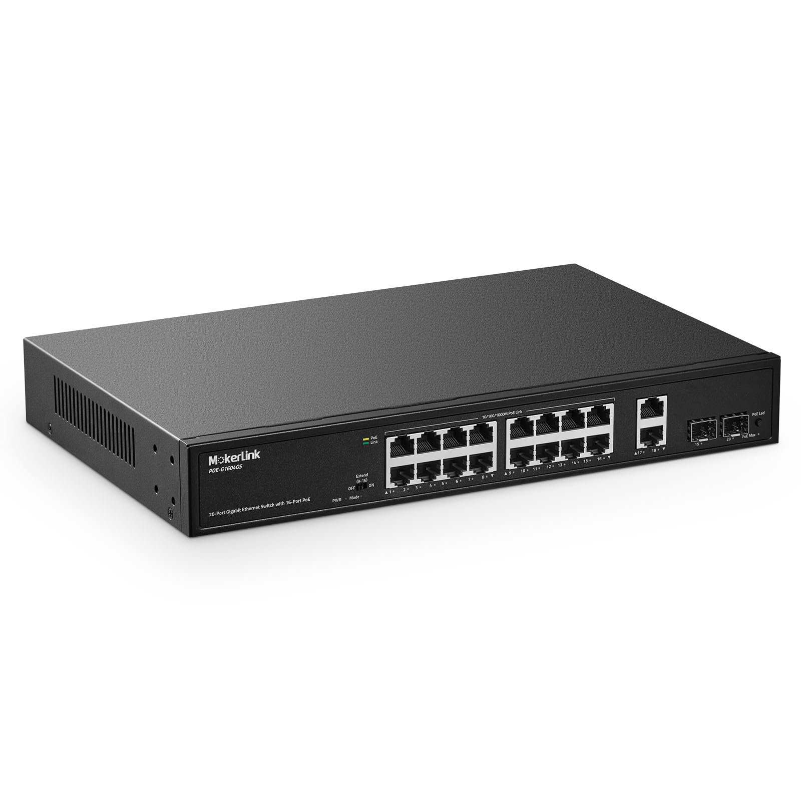 Mokerlink 20 Port Gigabit Poe Switch, 16 Gigabit Poe+ Ports, 2 Gigabit Uplink, 2 Gigabit Sfp, 200W Ieee802.3Af/At, Metal Rackmou