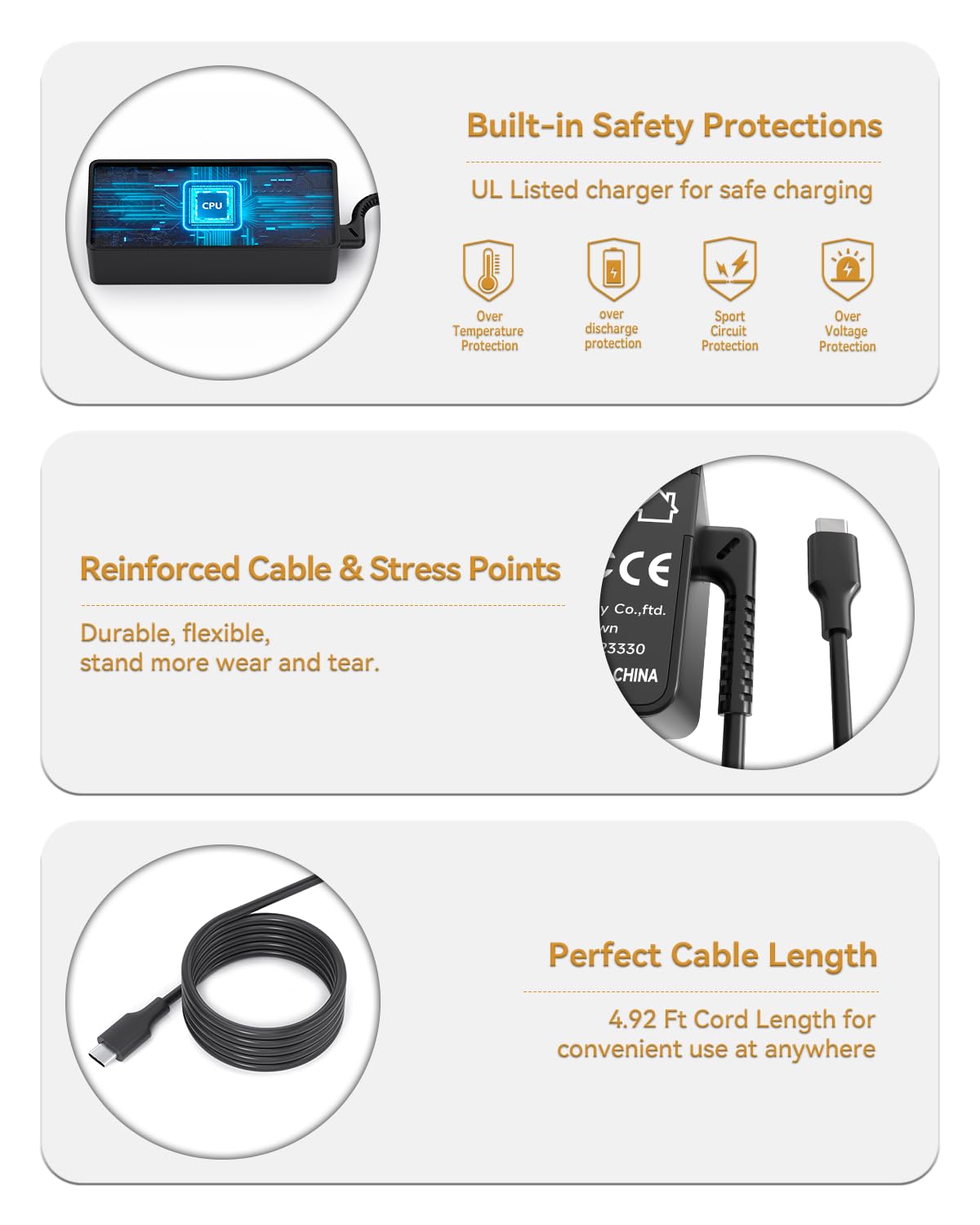 90W 65W Usb C Laptop Charger For Hp Spectre X360, Dell Xps 13 Precision 3540, Lenovo Ideapad Series With Dc Usb C Fast Charging Adapter Power Supply Cord
