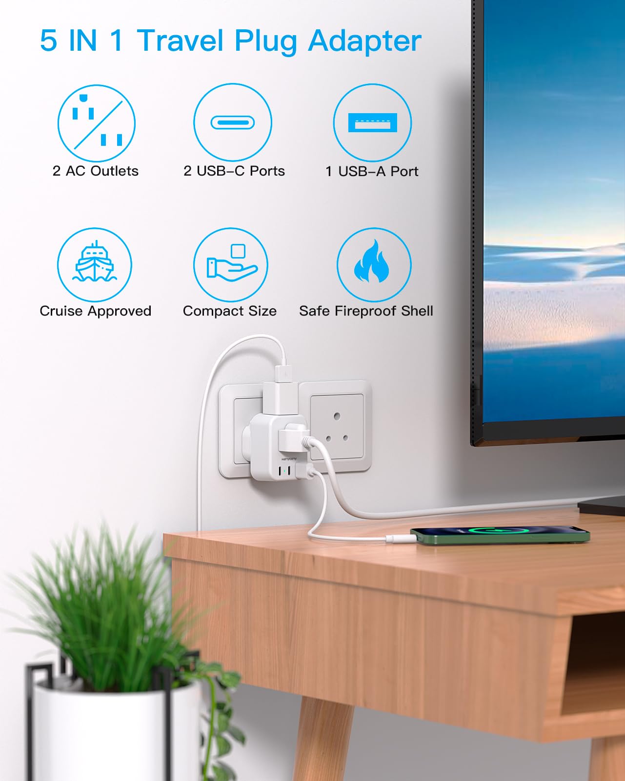 Us To India Plug Adapter, Type D Plug Adapter With 2 Outlets 3 Usb Ports(2 Usb C), India Power Travel Adapter For Usa To India,