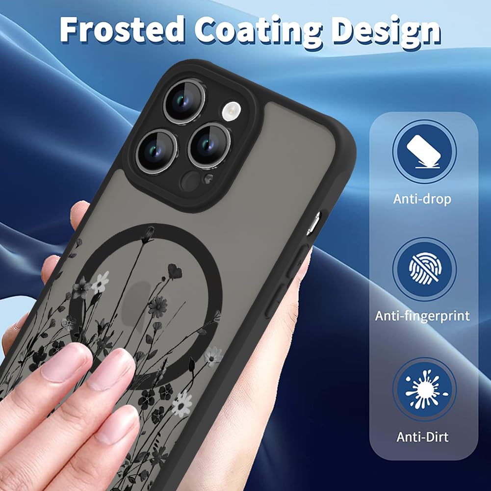 Ook Magnetic For Iphone 12 Pro Max Case [Compatible With Magsafe] Black Wild Flower Slim Translucent Matte Case For Iphone 12 Pr