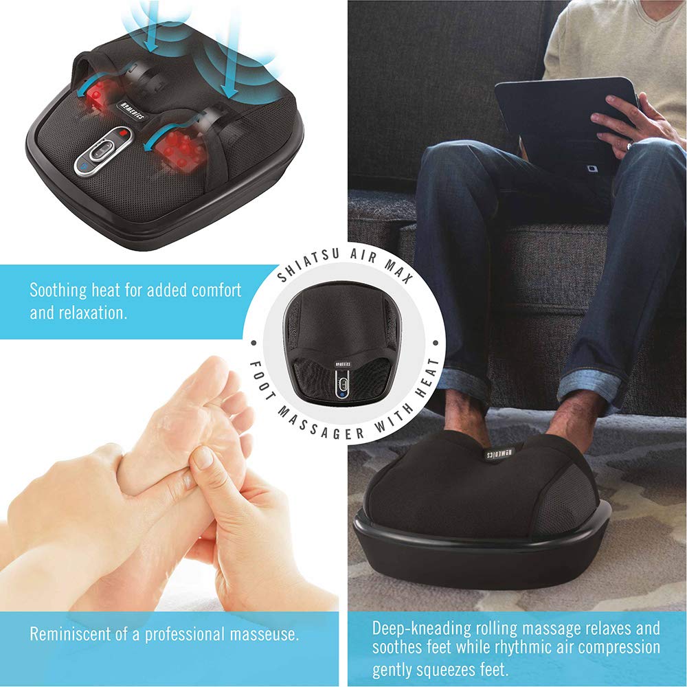 Homedics Shiatsu Air Max Foot Massager, Air Compression Massage, Deep Kneading Rolling Massage, Soothing Heat, Pain Relief And M