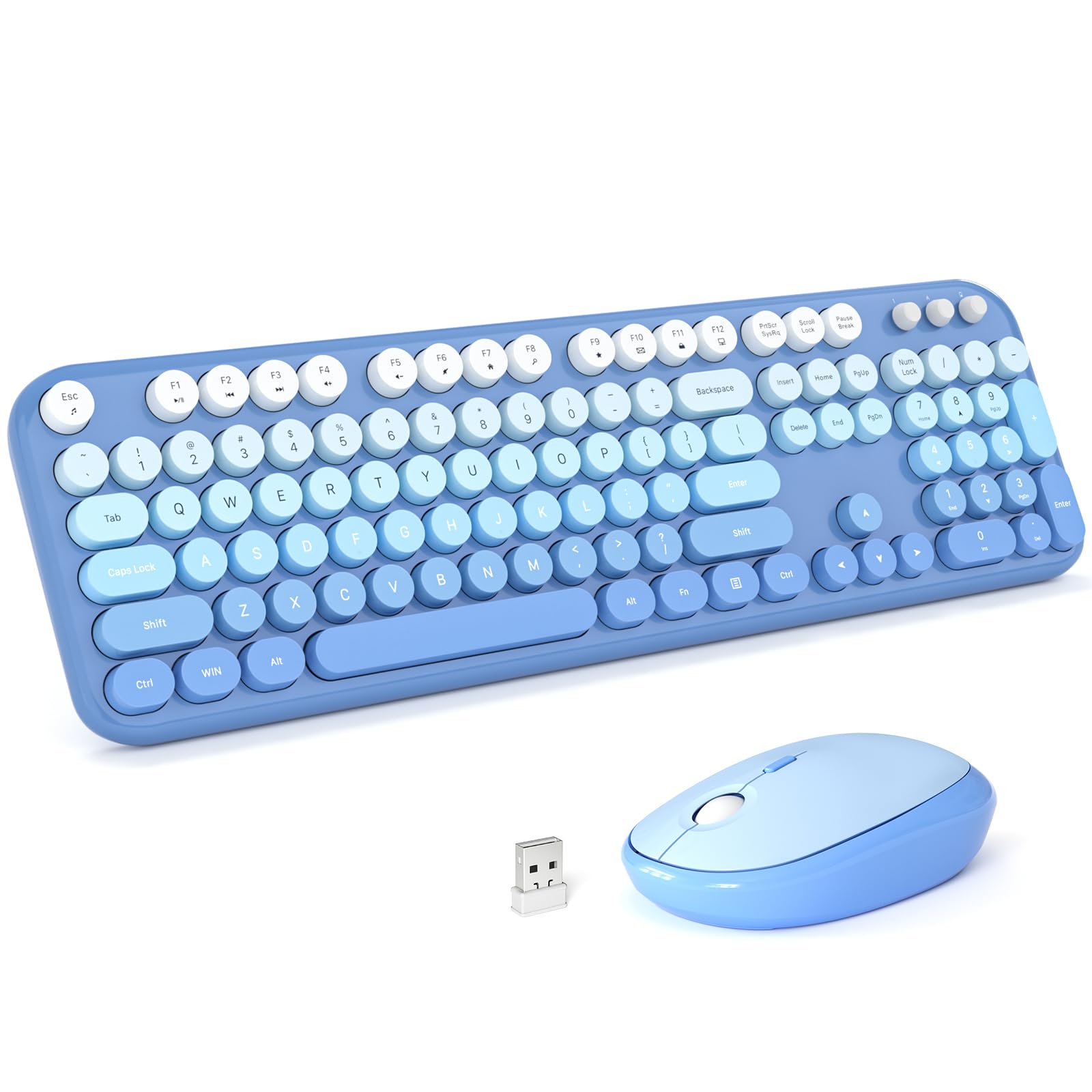 KNOWSQT Wireless Keyboard Mouse Combo - Lovely Blue-Gradient Rainbow Full-Sized Typewriter Colorful Keyboards, Round Keycap Plug