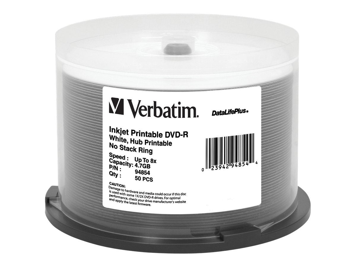 Verbatim DVD-R 4.7GB 8X Datalifeplus White Inkjet Printable Surface, Hub Printable - 50Pk Spindle