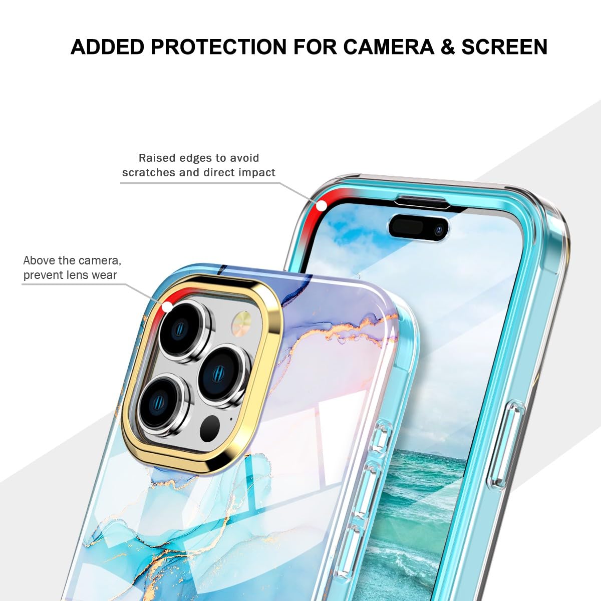 Turquiase Cute Marble Case For Iphone 15 Pro Max 6.7 Inch Built With Screen Protector, Lightweight And Stylish Full Body Shockpr