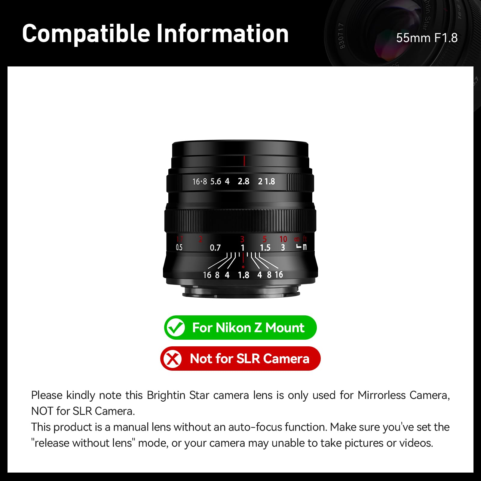 Brightin Star 55Mm F1.8 Full Frame Manual Focus For Nikon Z Mount Mirrorless Cameras,Mf Large Aperture Prime Standard Fixed Foca