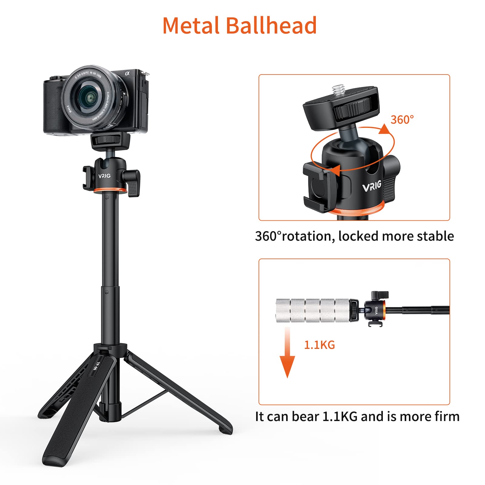 Uurig 21.6' Extension Pole Tripod, Mini Selfie Stick Tripod Stand Handle Grip For Dji Osmo Pocket 3 Webcam Canon G7X Mark Iii Sony Zv 1 Rx100 Vii A6400 A6600 Cameras Vlogging