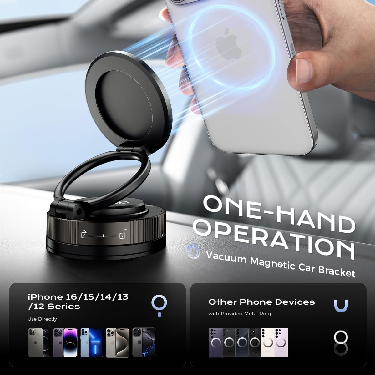 Vacuum Suction Car Phone Holder, 360Rotation Adjustable Magnetic Cellphone Mount Foldable Car Phone Stand Strong Suction Cup Pho