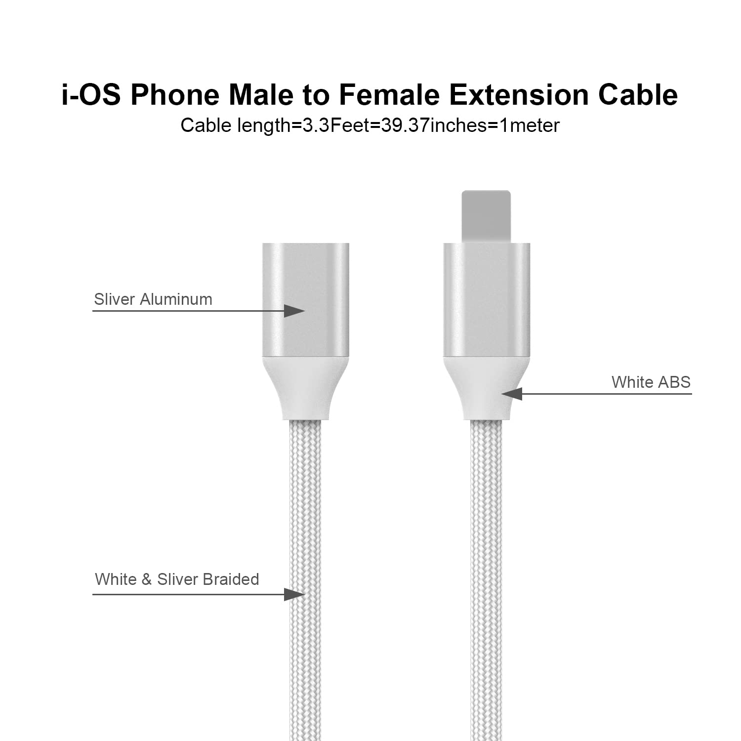 Ematetek Braided I Phone Extension Cable Pass Video Audio Music Photo Data, Charge. 1Pcs 3.3Feet Male To Female I Phone Extender