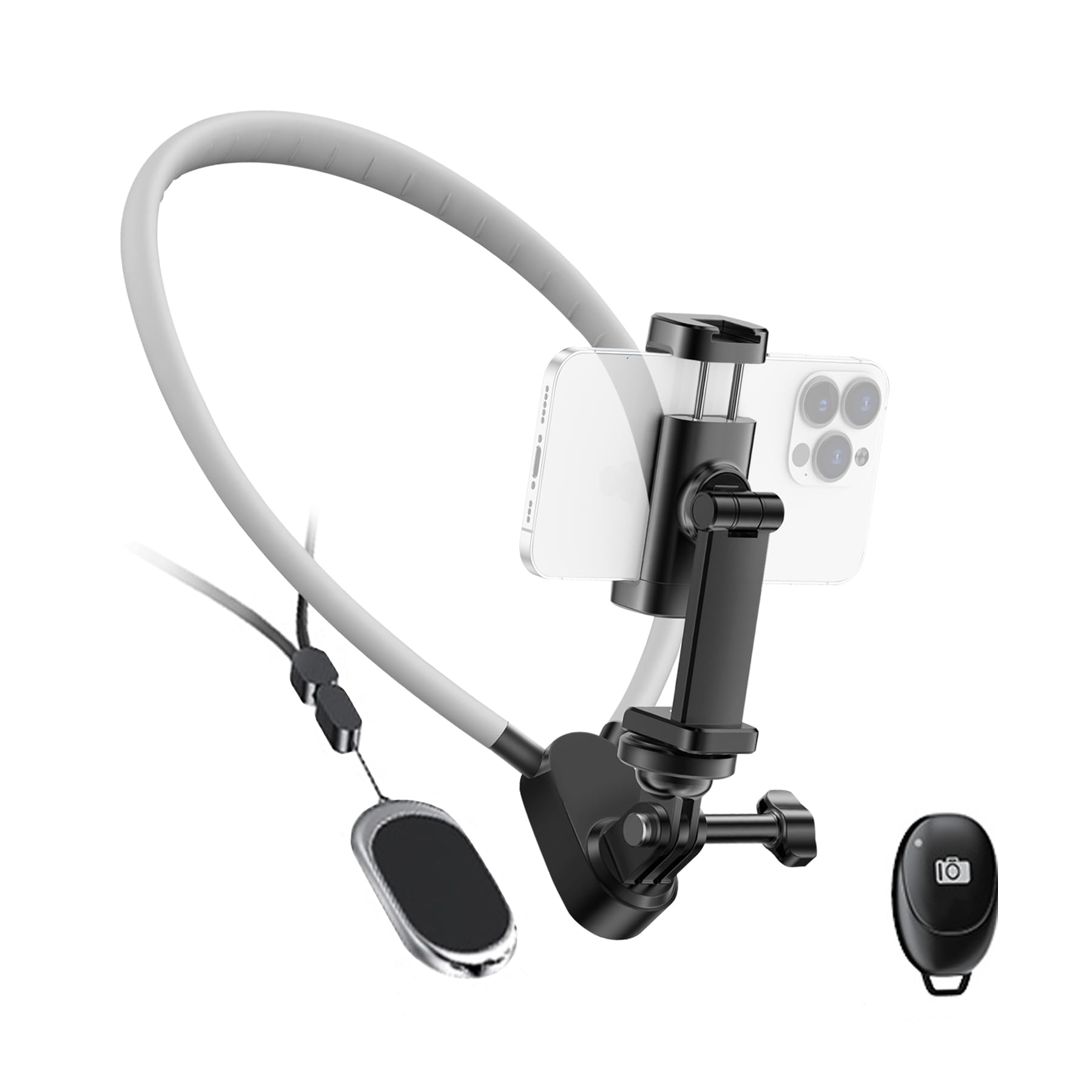Neck Phone Holder, Hands Free Magnetic Neck-Mounted Phone Holder with Remote Control, Adjustable POV/Vlog Chest Phone Mount, Com
