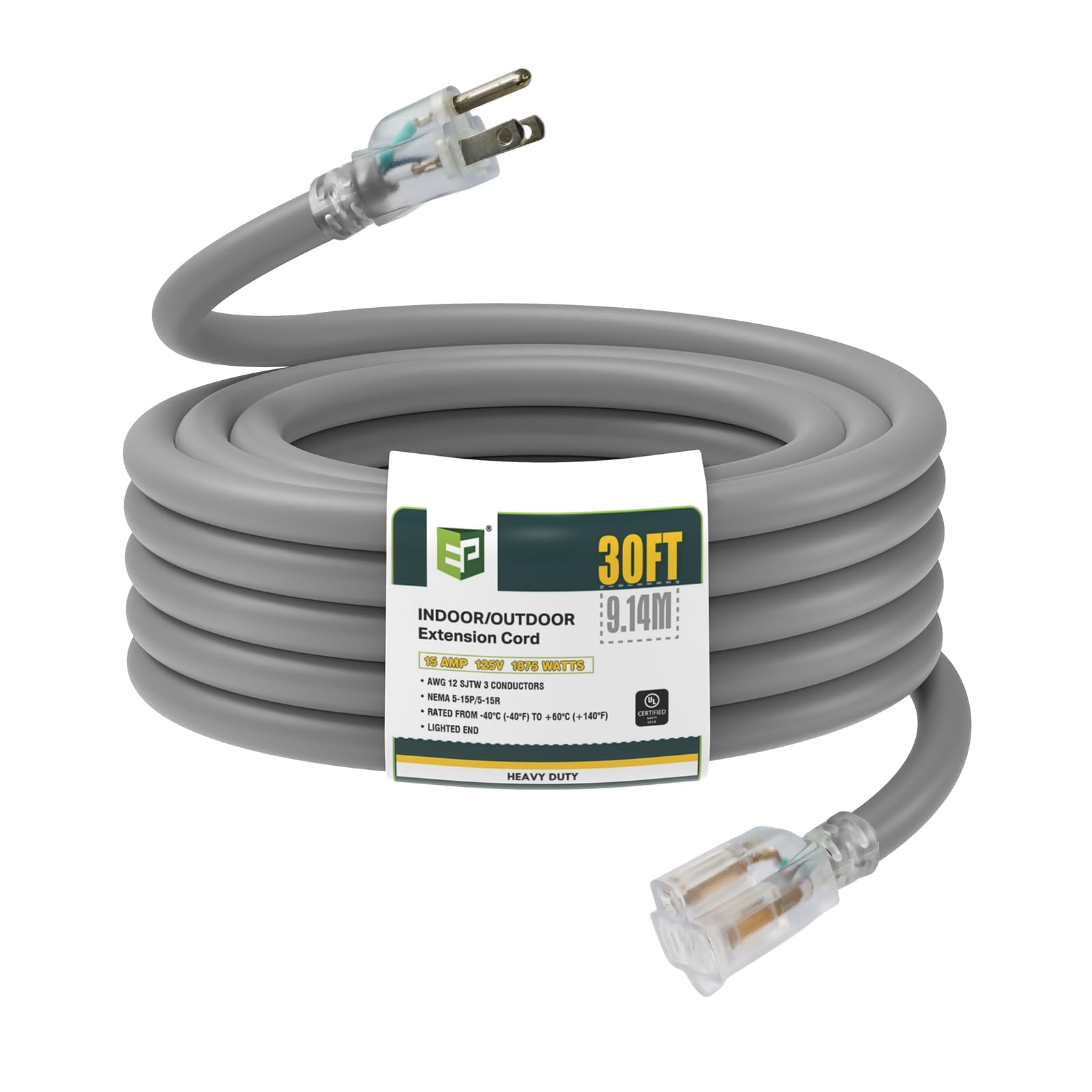 Ep 30 Ft Lighted Outdoor Extension Cord   12/3 Sjtw Heavy Duty Grey Extension Cable With 3 Prong Grounded Plug   Power Cord For