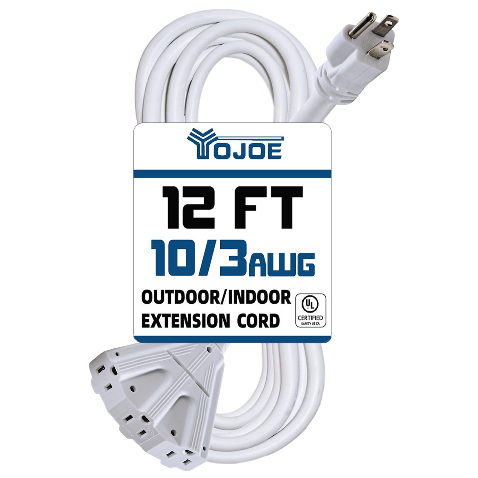 Yojoe 3 Outlets Indoor Outdoor Extension Cord, 3 Prong 15A Weatherproof Power Cord Multiple Outlets, 10 Gauge Heavy Duty 12 Ft W