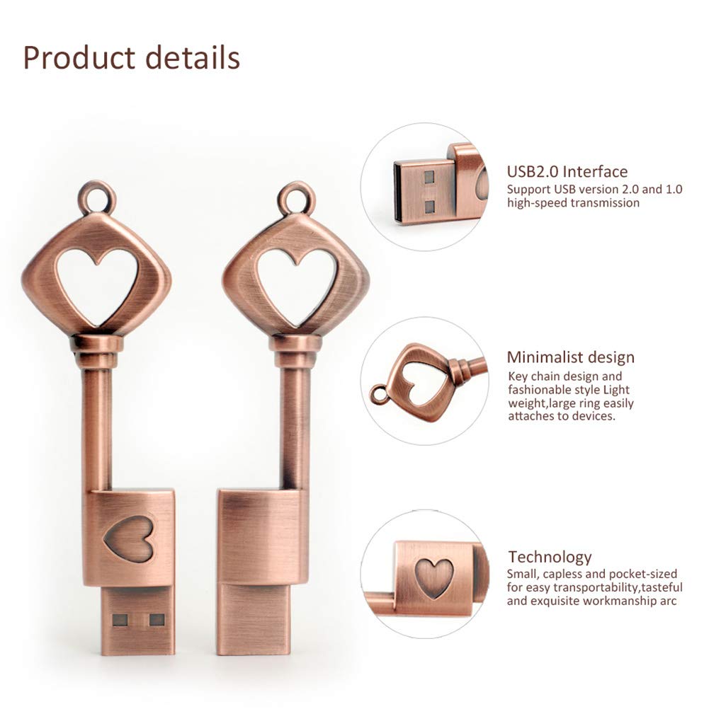 Leizhan 5 Pack 64Gb Love Heart Key Flash Drive Vintage Thumb Drive Metal Jump Drive Cute Memory Stick Retro Usb Stick Pendrive Valentine'S Day Gift U Disk
