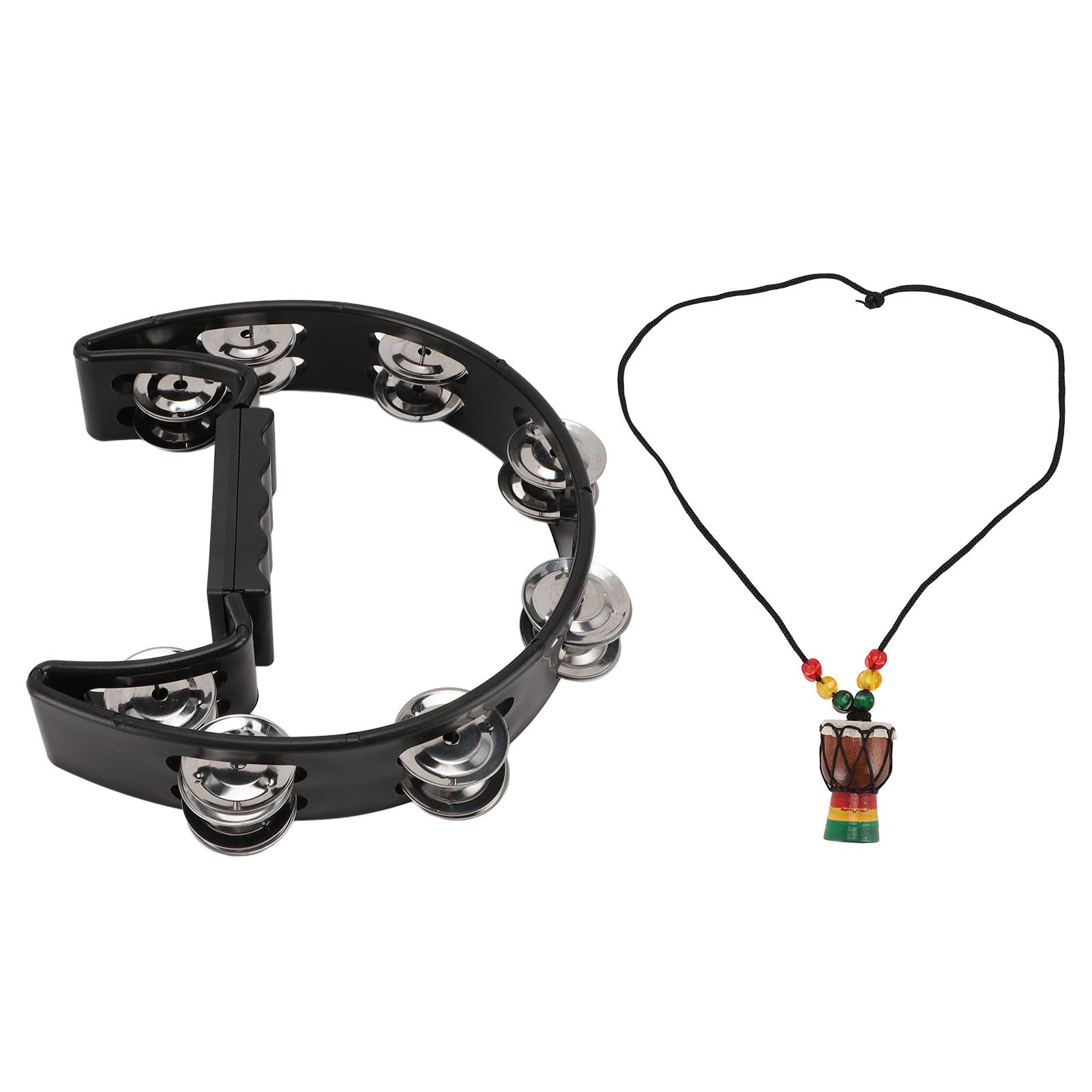 Handheld Tambourine with Hanging Decor Metal Bells Half Moon Drum Black Hand Percussion Instrument for Party Dance Concert