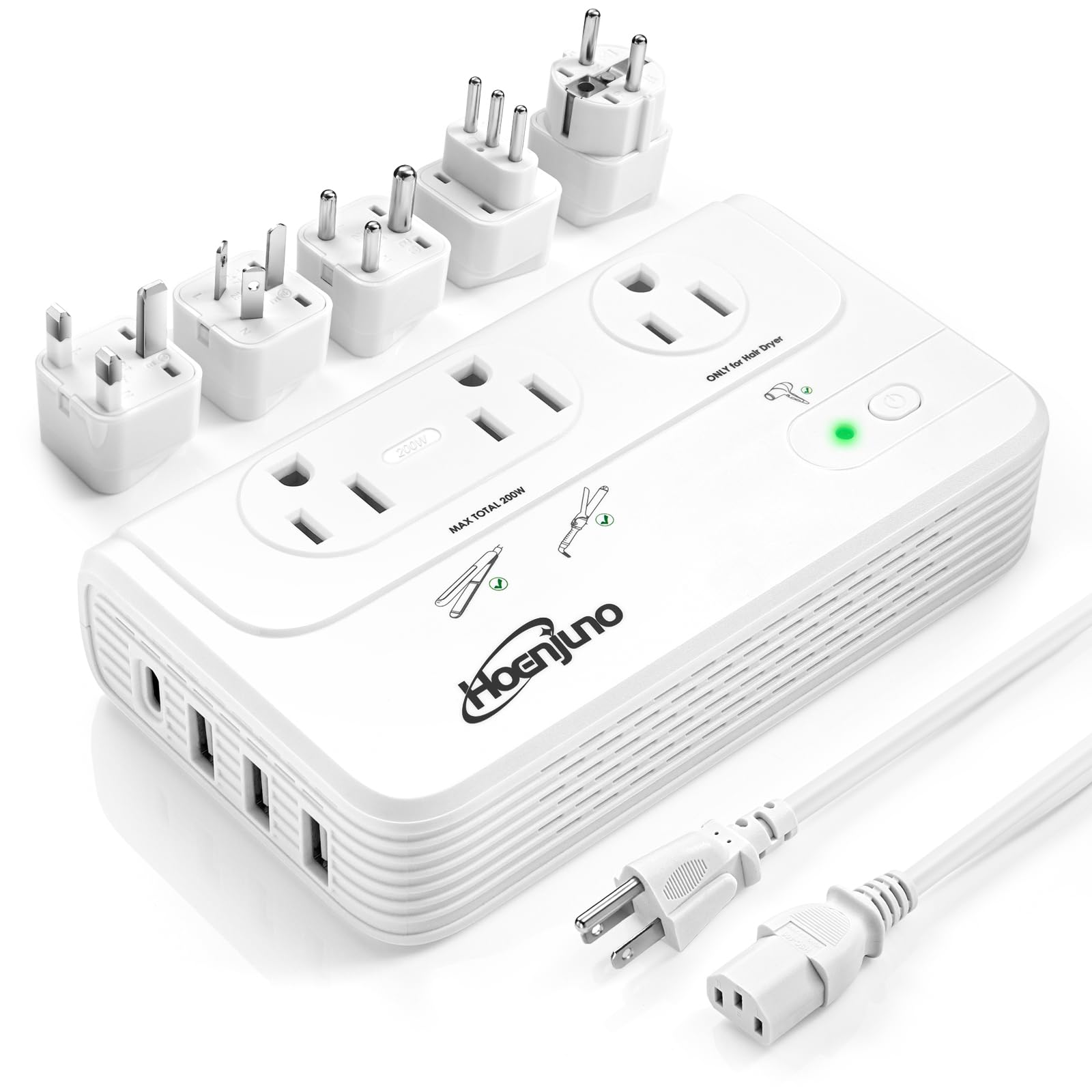 Hoenjuno 2000W Universal Travel Adapter For Hair Dryer & 200W Voltage Converter 220V To 110V For Curling Iron, Straightener With