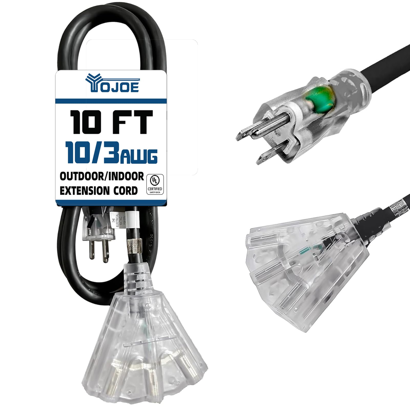 Yojoe 3 Outlets Indoor Outdoor Extension Cord With Lighted End, 3 Prong 15A Weatherproof Power Cord, 10 Gauge Heavy Duty 10 Ft B