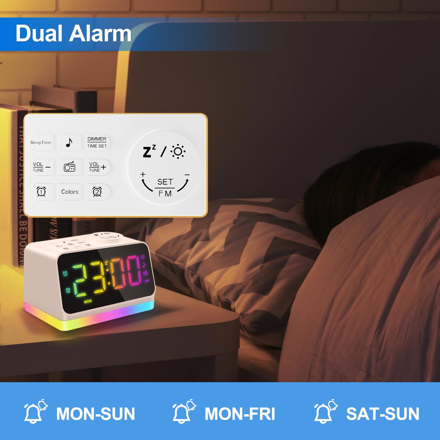 Jall Digital Alarm Clock With Fm Radio For Bedroom, 8 Colors Night Light With 2 Charging Port, Sleep Sound Machines With Timer,