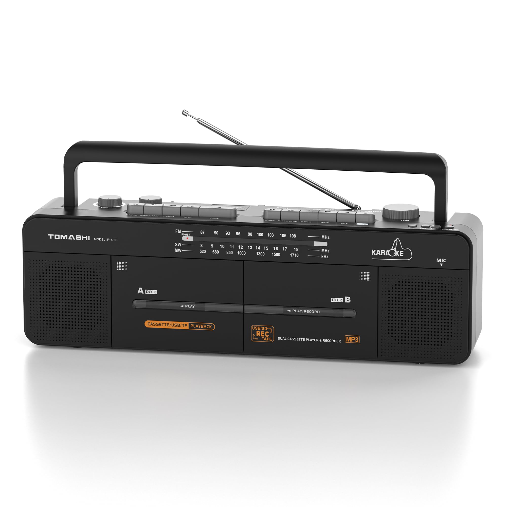 Cassette Tape Player with Stereo Sound, Dual Tape Decks, 3-Band Radio, USB/TF Card Playback, and Tape-to-USB/TF Card Recording F