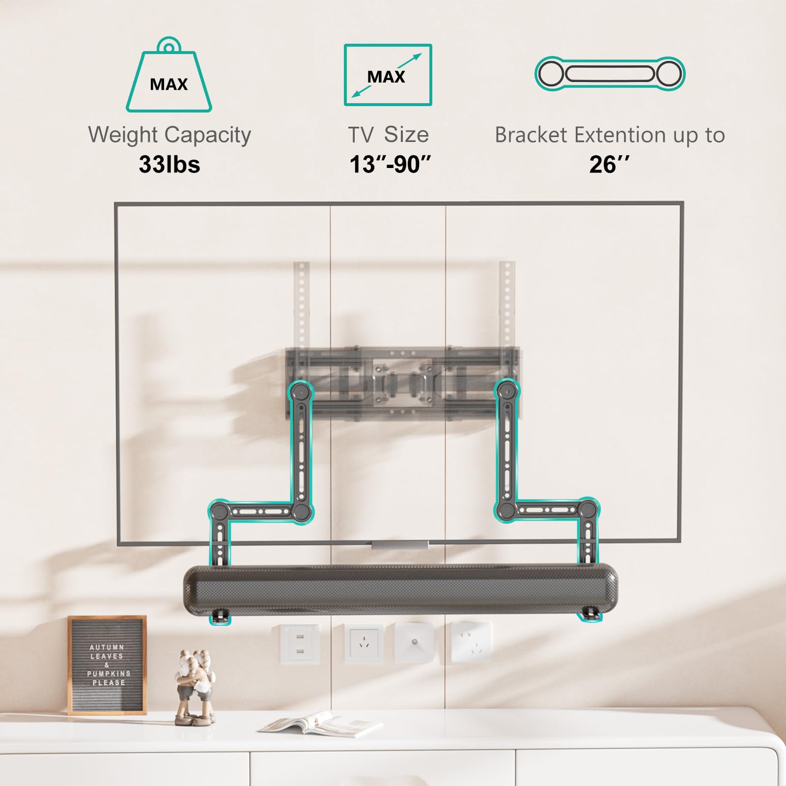 WALI Universal Sound Bar Mount   Compatible with Samsung, Sony, Vizio, Bose, LG, and Roku Sound Bars, Fits Most 23 90 Inch TVs, Adjustable Angle, Supports 33 lbs, Easy Installation, Black