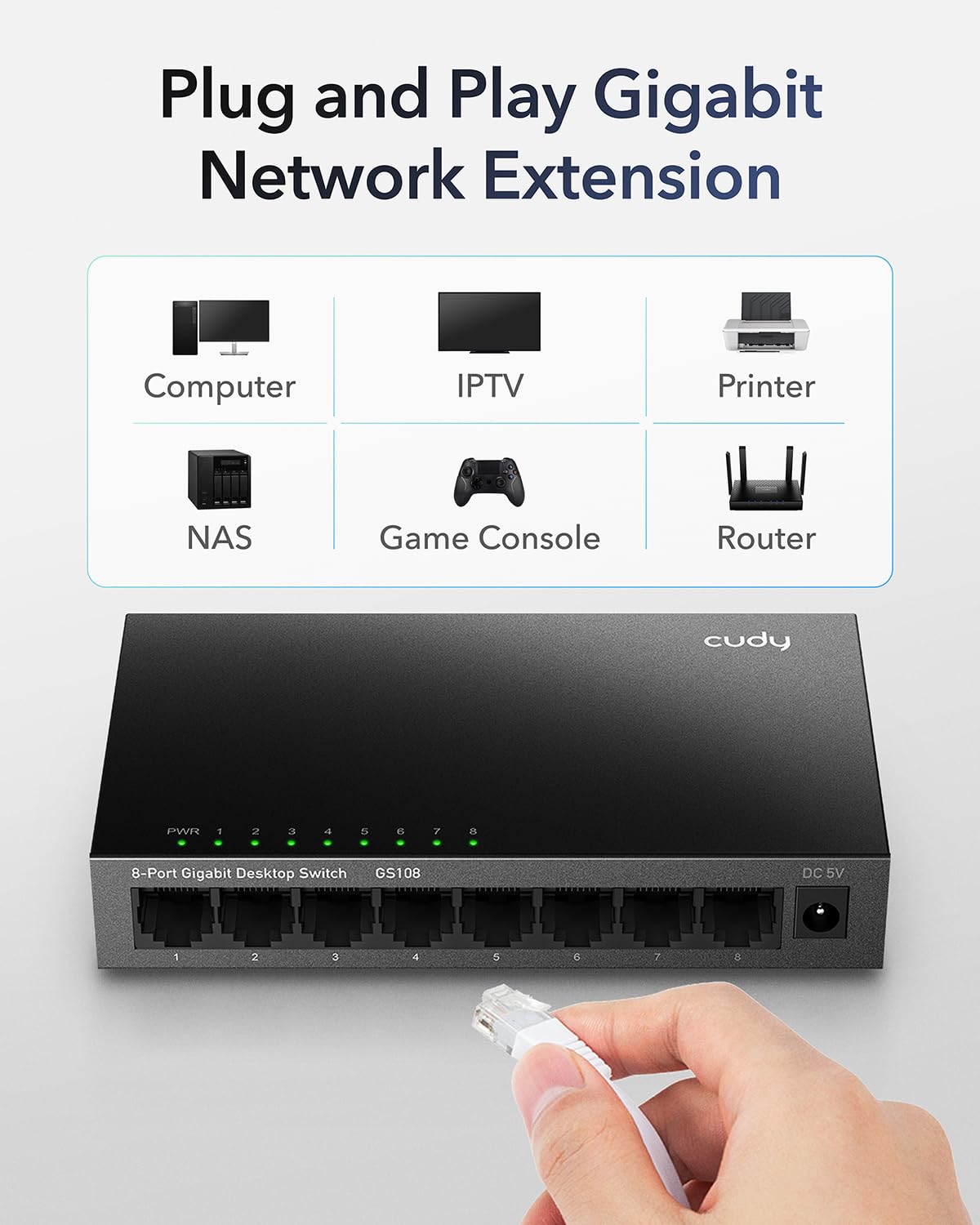 Cudy Gs108 8 Port Gigabit Unmanaged Ethernet Network Switch , Ethernet Splitter Plug & Play Fanless Metal Design Shielded Ports