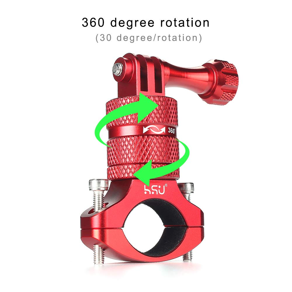 Hsu Bike Handlebar Mount For Gopro Hero 13/12/11/10/9/8/7/6/5/4 Akaso Campark Osmo Action 3/4 And Other Action Cameras, 360 Degrees Rotary Motorcycle Mount (Red)