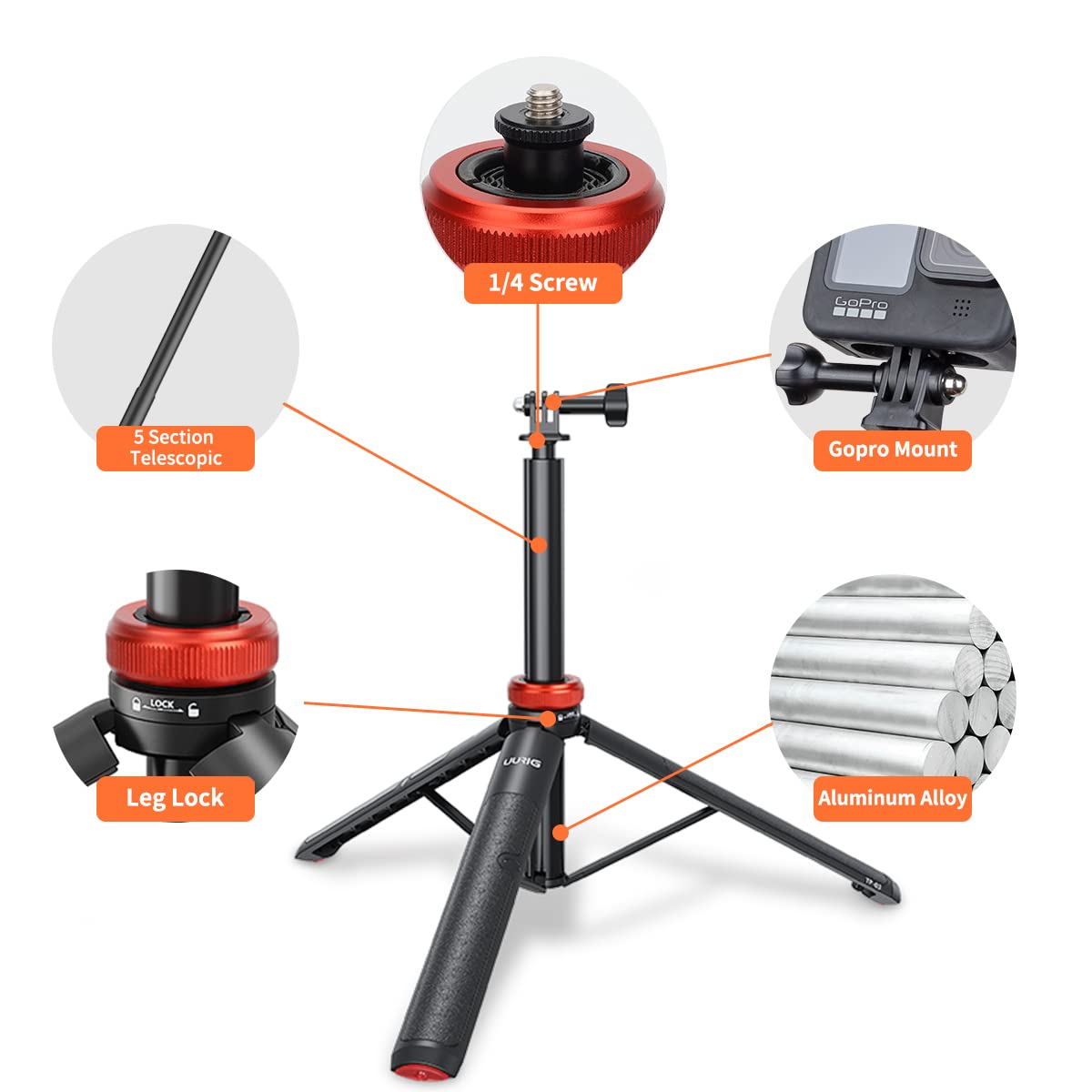 Uurig Telescopic Selfie Stick Long With Tripod, Waterproof Hand Grip, For Insta360 Gopro Hero 10 9 8 7 6 5 4 3 2, Fusion, Max, Session, Akaso, Sjcam, Dji Osmo Gopro