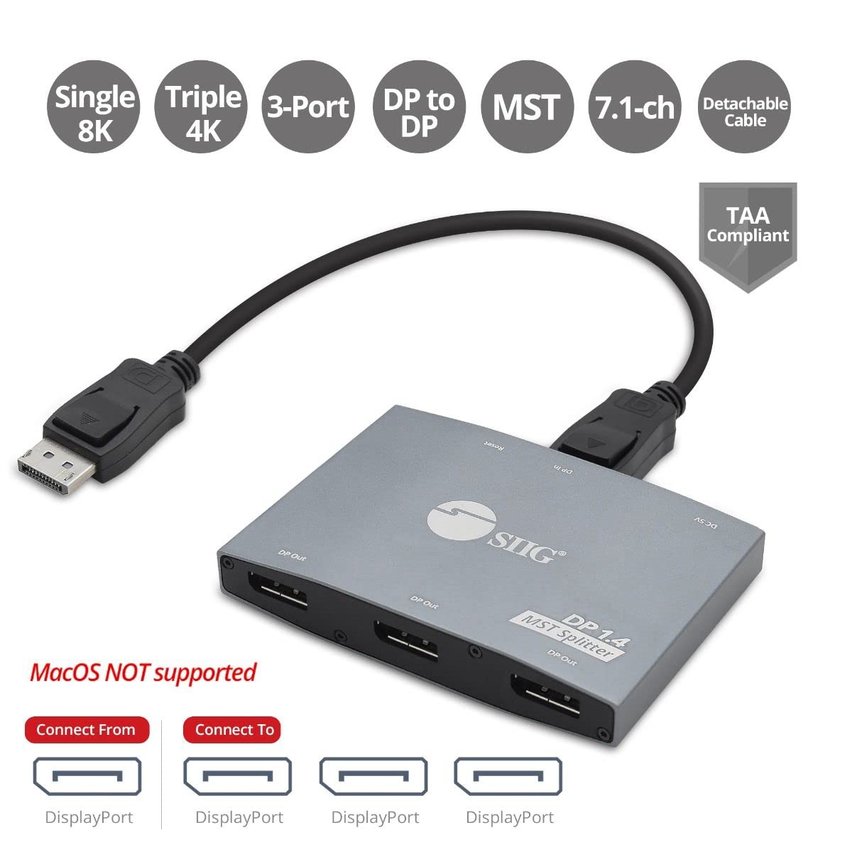 Siig 3-Port Displayport 1.4 Splitter 4K @30Hz- Dp 1.4 To 3X Dp Multi Monitor Adapter- Dual 4K60Hz Or Triple 4K (4K30Hz Or 1X 4K6