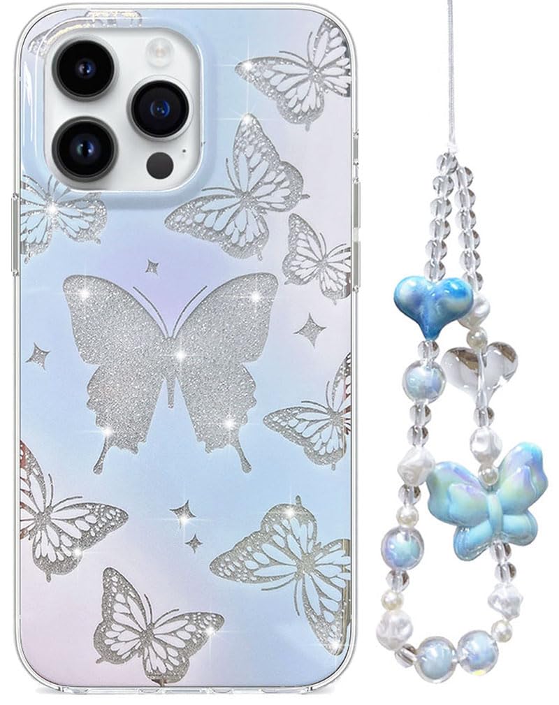 Abbery for iPhone 15 Pro Case Clear Glitter Butterfly Sparkle Design wtih Wrist Strap Cute Bling Aesthetic Protective Shockproof