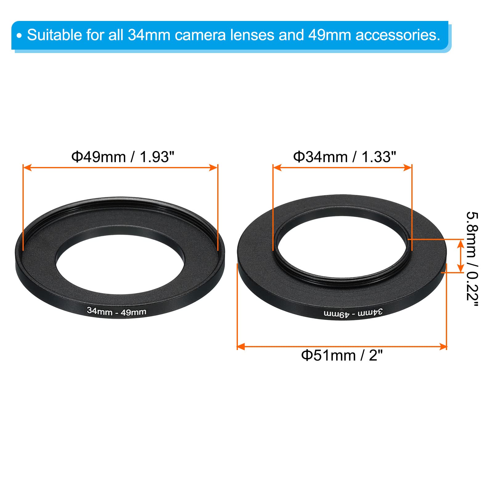 Patikil 34Mm 49Mm Metal Step Up Ring, Camera Lens Filter Adapter Ring Aluminum Filter Adapter Ring For Camera Lenses Hood, Black